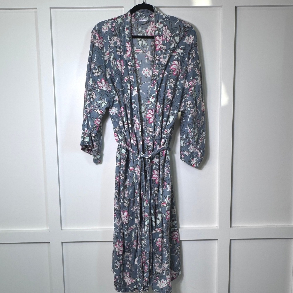 Sevya Handmade Gray Floral 100% Cotton Block Print Kimono Robe One Size India